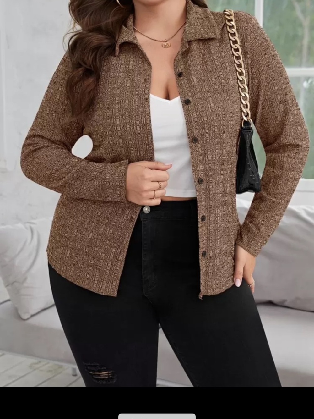 Brown Ribbed Button-Up Knit Top